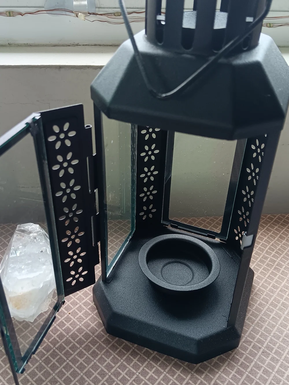 Candle Lantern, Black Metal w/ Glass Panels, Nwts